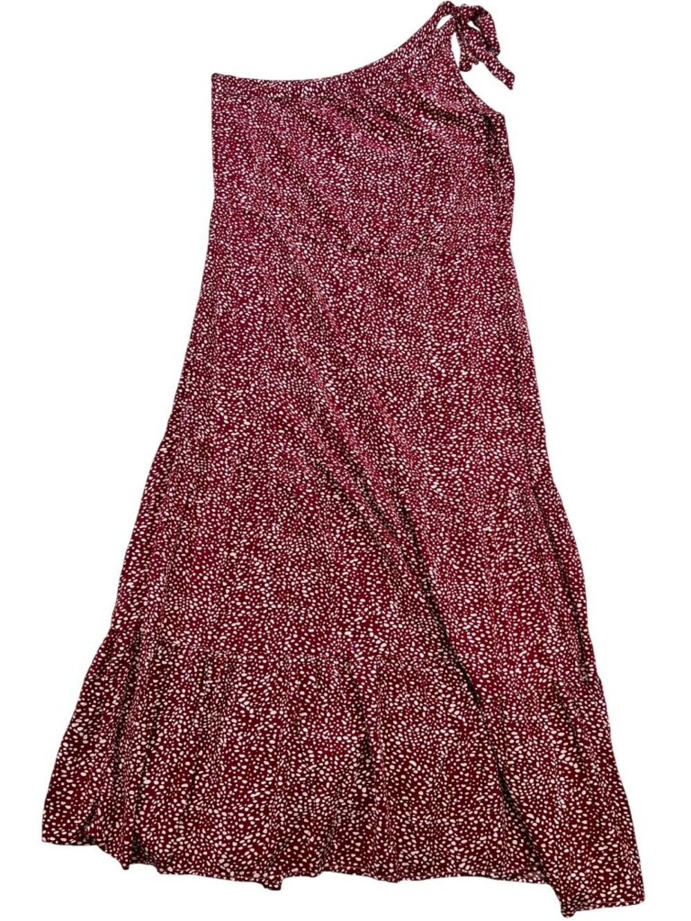 Womens One-Shoulder Maxi Cottagecore Dress Size L Maroon White Polka Dot